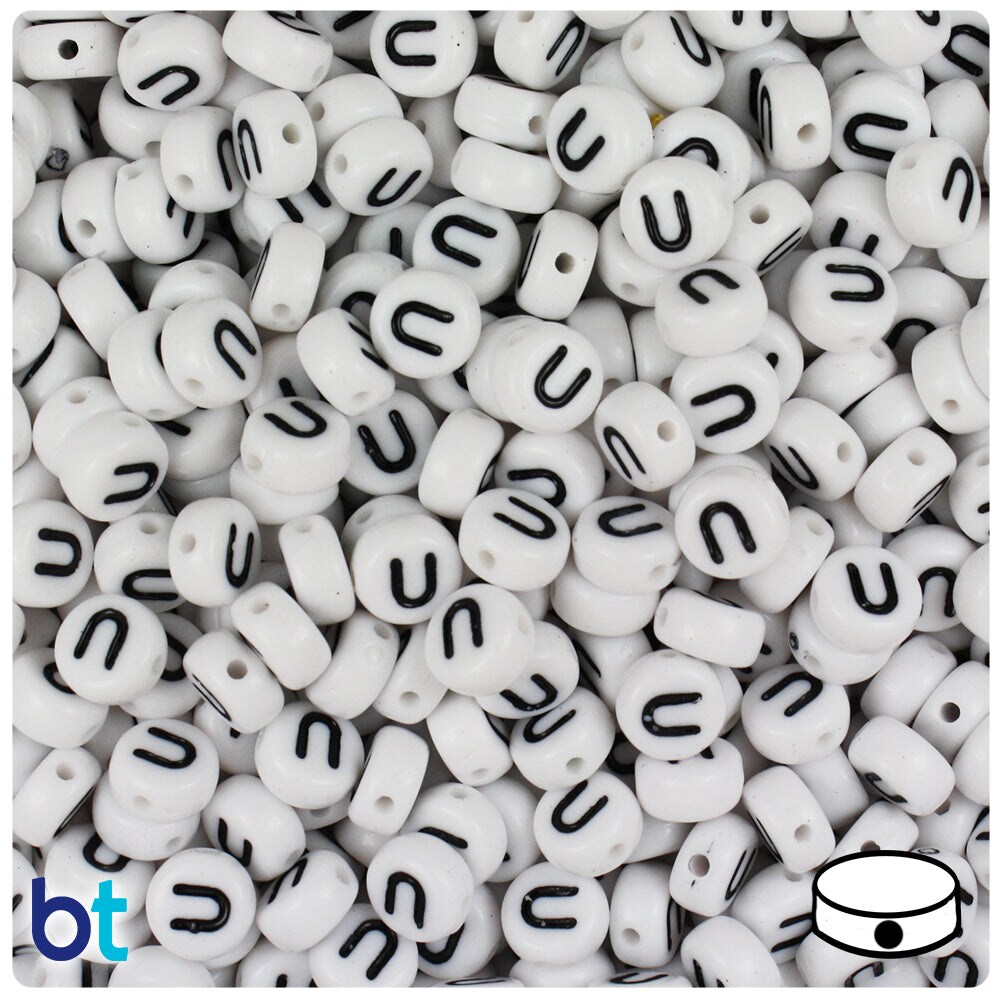BeadTin White Opaque 7mm Coin Plastic Alpha Beads - Black Letter U (100pcs)
