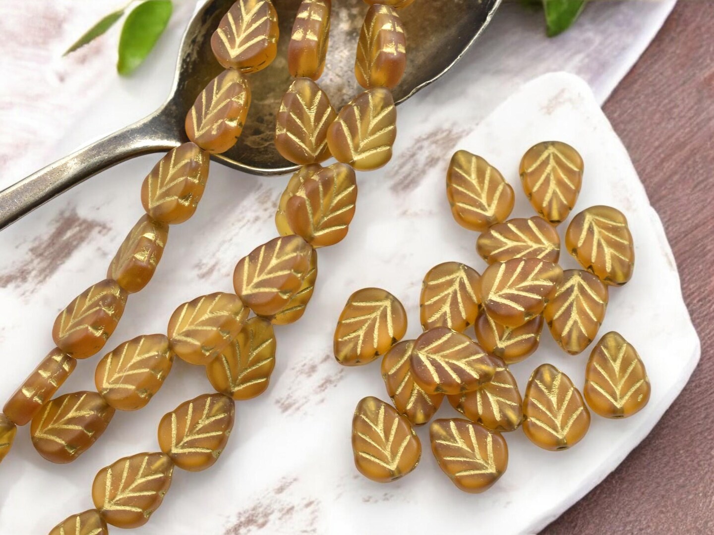 *16* 10x8mm Gold Washed Transparent Matte Amber Mint Leaf Beads