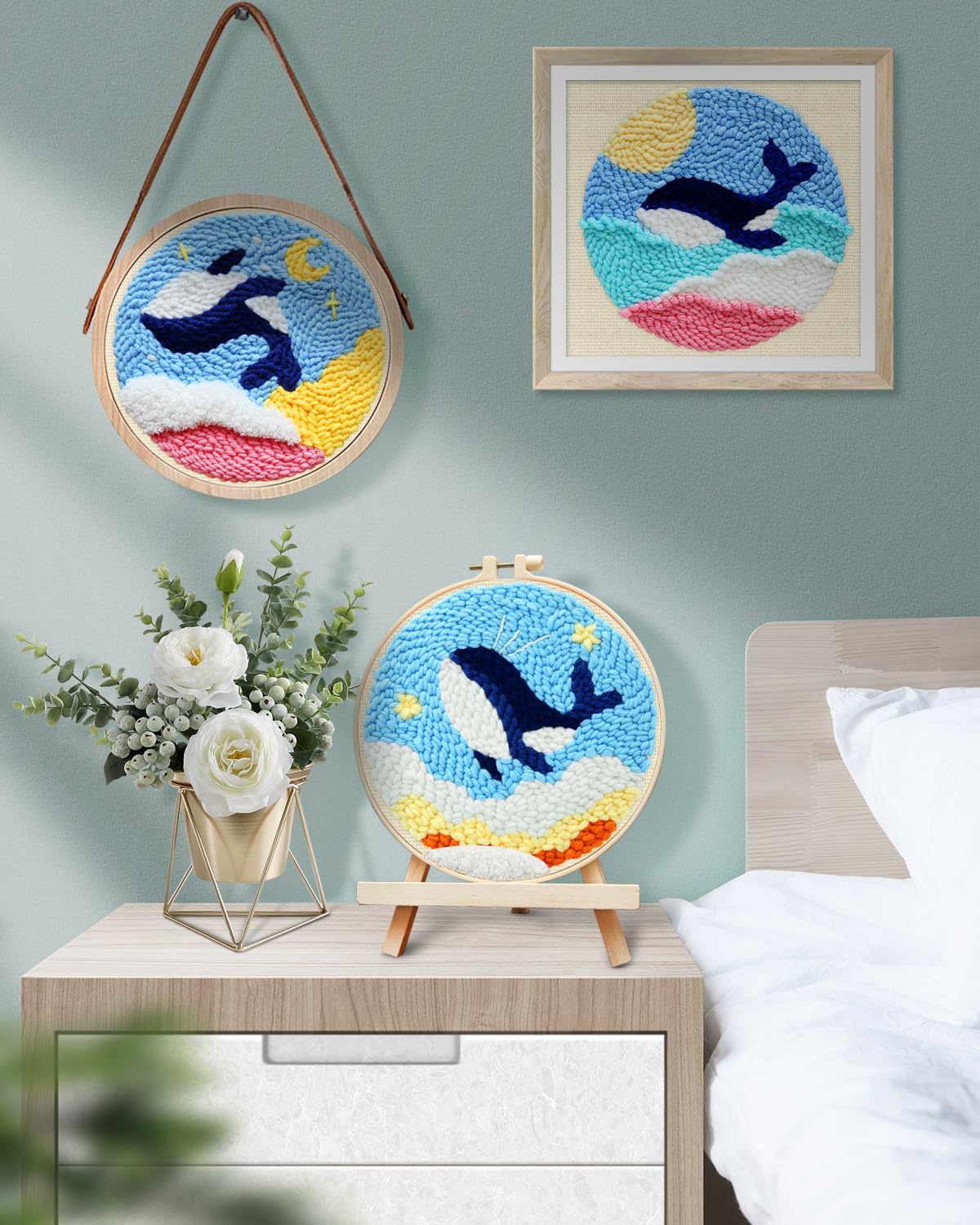 Punch Needle Kits, 3 Pack Punch Needle Embroidery Kits for Adults Beginner, Tool with Punch Needle Fabric, Hoops, Yarns and Sewing Needles (Whale)