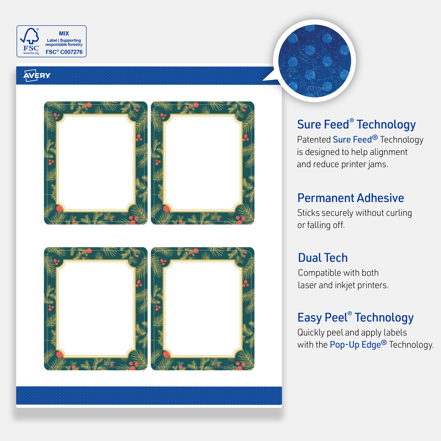 Avery Printable Rectangle Labels, 4" x 3-1/3", Matte White, Pre-printed Teal & Metallic Gold Frame Design, Sure Feed Technology, Laser & Inkjet Compatible, 80 Total