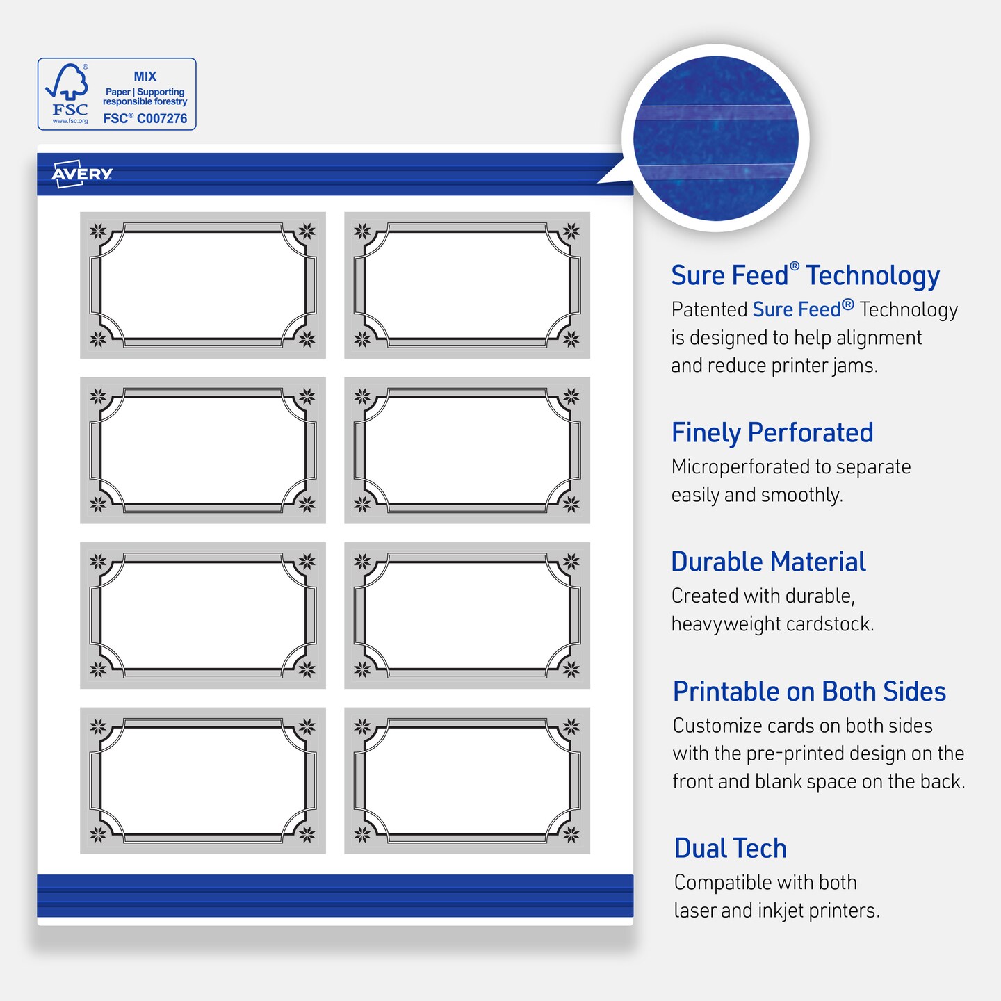 Avery Printable Rectangle Business Cards, 2" x 3.5", Matte White, Pre-printed Metallic Silver Border/Black Frame Design, Sure Feed Technology, Laser & Inkjet Compatible, 160 Total