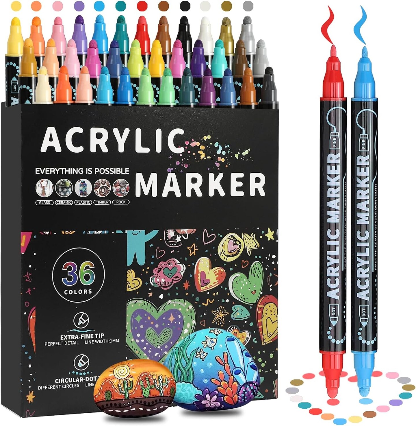 36 Colours Acrylic Markers, Double Tip Acrylic Paint Pen Markers, Premium Acrylic Markers for Wood, Rock Painting, Glass, DIY Crafts Making Art Supplies, Canvas, Stone