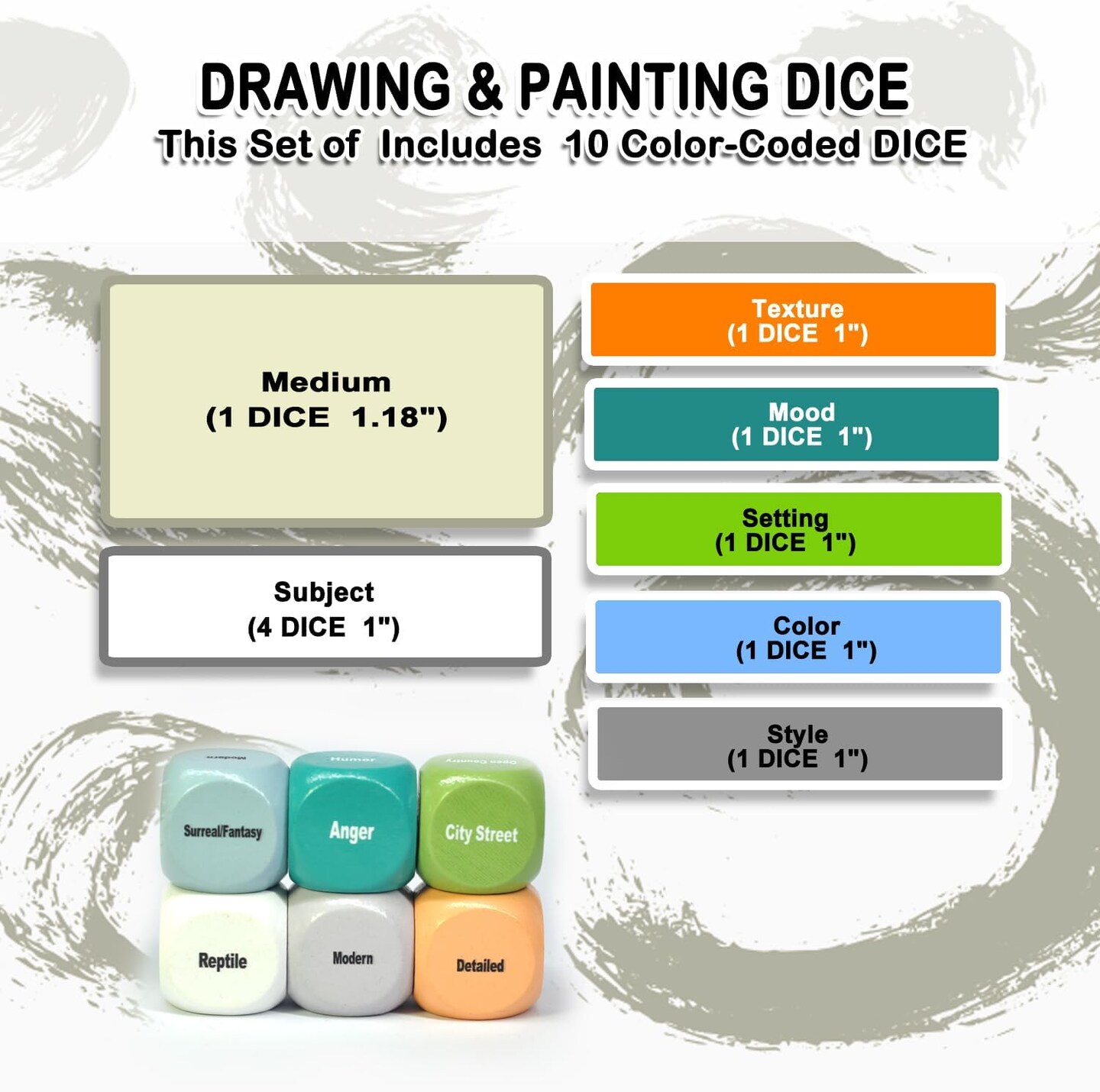 Drawing and Painting Art Dice Game for Artists, Teachers, and Students, A Solution to the Artist's Bottleneck, Set of 10 Wooden Dice for Creative Inspiration in the Studio and Classroom - Gift for Artists.