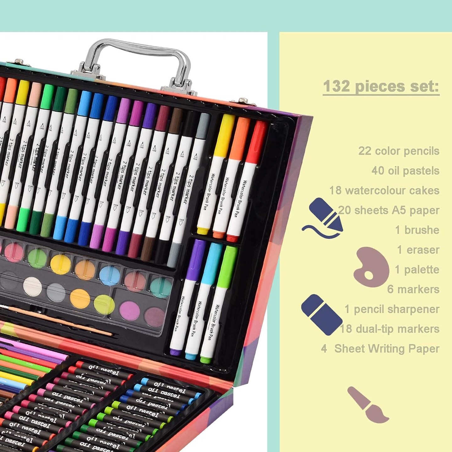 132-Piece Art Set, Deluxe Professional Colour Set, Art Kit for Children and Adults, with Compact Portable Case