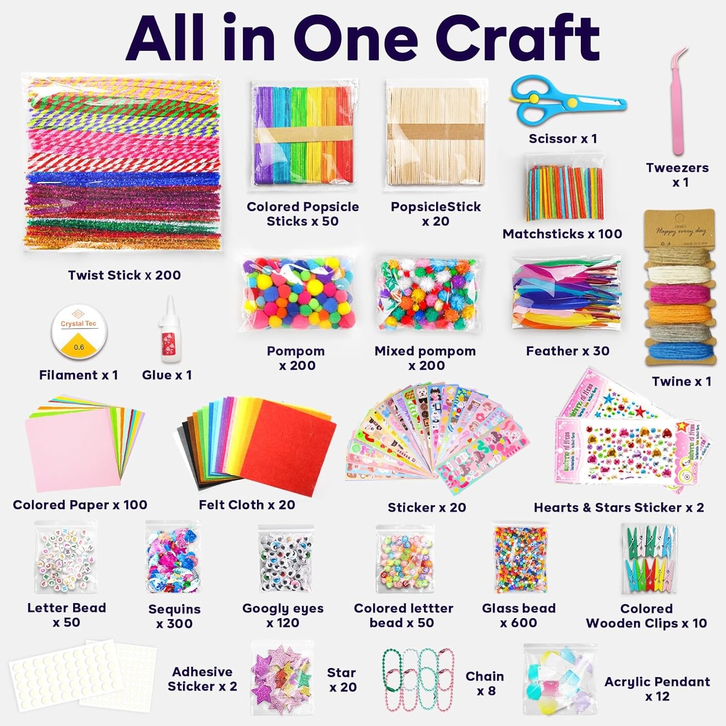 Arts and Crafts Supplies - Crafts for Girls Age 3, 4, 5, 6, 7, 8, 9 Years Old, Craft Kit with Pipe Cleaners, Pompoms, and Craft Tools, Birthday Gifts for Kids, Boys and Girls 3-12 Years Old.