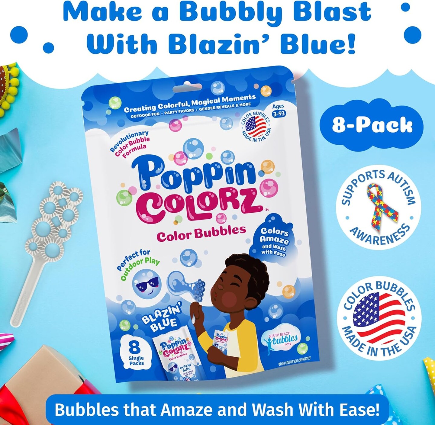 PoppinColorz Blazin&#x27; Blue Colour Bubbles for Kids, 8 Bubble Solution Kits with Bubble Wands - Non-Toxic Mini Bubbles Party Favours for Boy Gender Reveal, Birthday Bubble Party - Made in the USA.