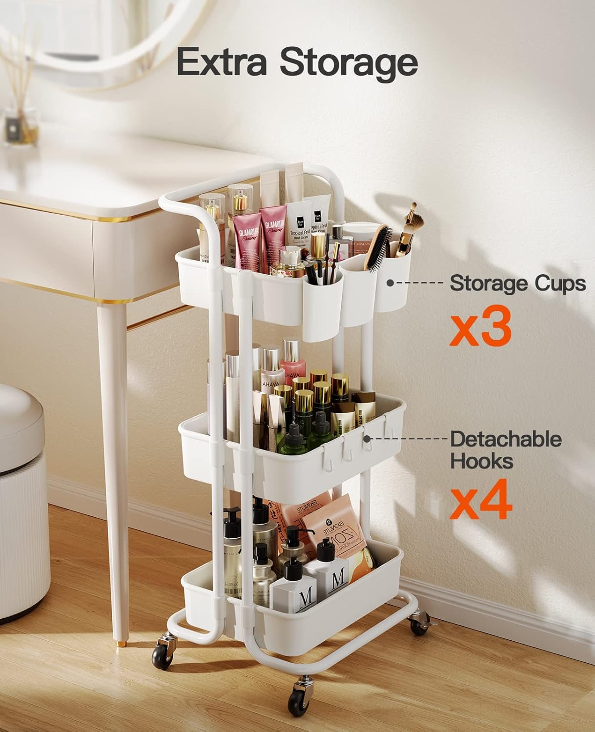 3-Tier Rolling Cart with Wheels - Rolling Storage Cart with Hanging Cups and Hooks - Mobile Utility Cart for Office, Kitchen, and Craft Room - Art &#x26; Craft Organiser, White, PIUC06W