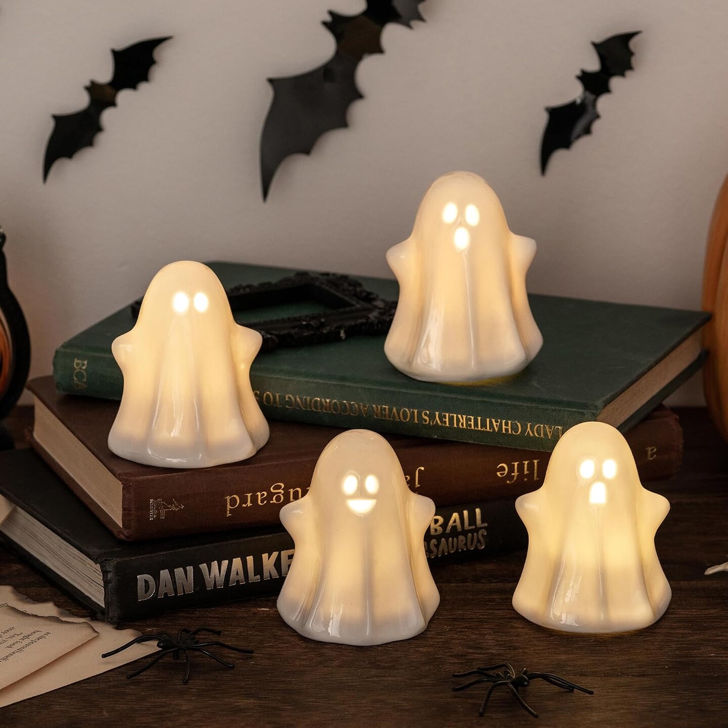 2-Pack Ghost Reading Book Lamp – Halloween Light-Up Statue Night Light, Warm Glow Figurine For Shelf, Table, Bedroom, Or Mantel Decor