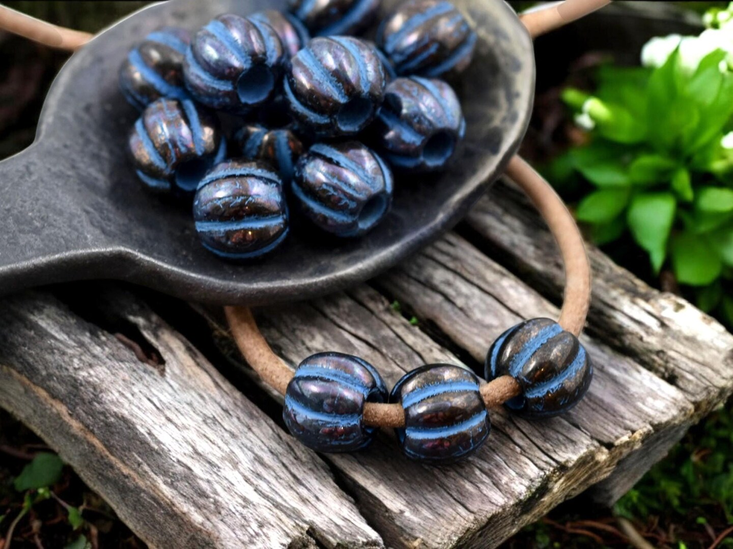 *20* 8mm Turquoise Washed Bronzed Jet Black Large Hole Melon Beads