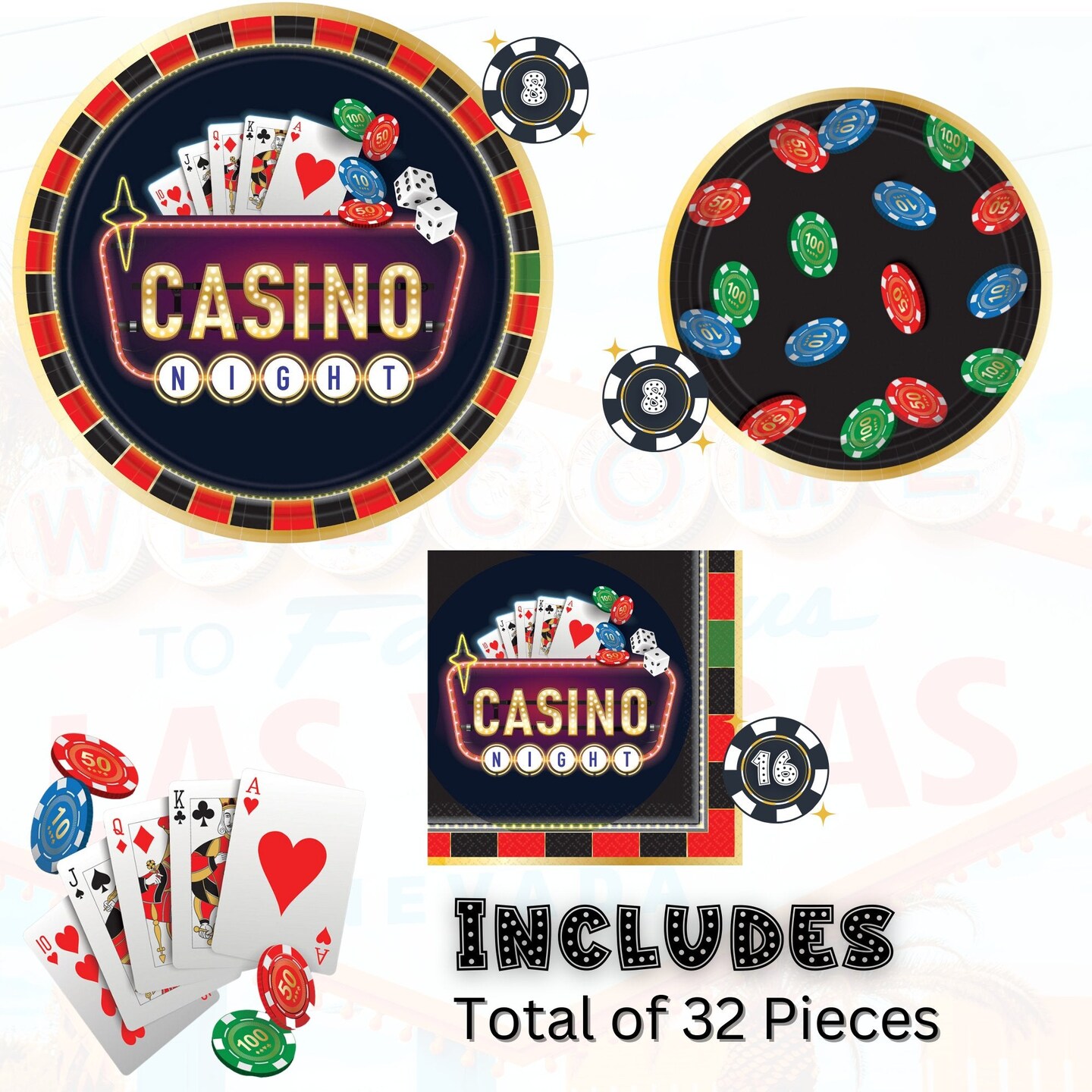 Casino Night Party Supplies Bundle, 10.5&#x22; Paper Dinner Plates, 7&#x22; Paper Appetizer Plates, and Luncheon Napkins, Serves 8