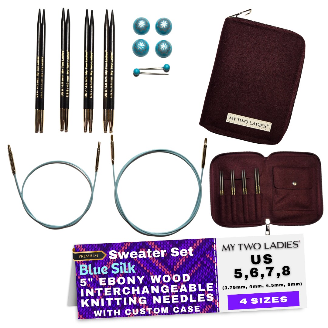 My Two Ladies | Sweater Set | 5&#x22; Ebony Interchangeable Knitting Needles | 4 Sizes | w/custom case