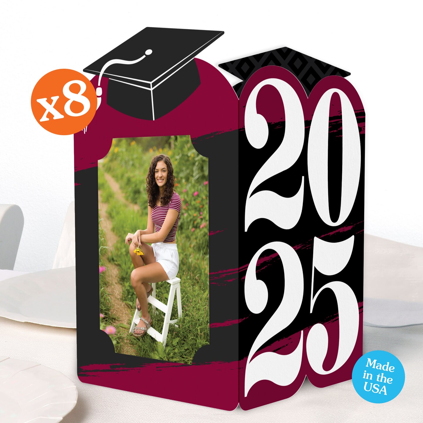 Big Dot of Happiness Maroon 2025 Graduation Photo Holder Centerpieces, 4x6 Picture Display Box, Table Decoration Centerpiece for Burgundy Grad Party Decor, 8 Count