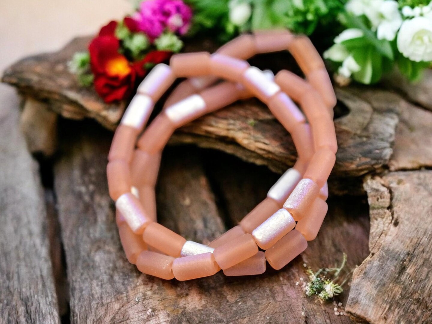 *16* 9x5mm Etched Peach Mango AB Tube Beads