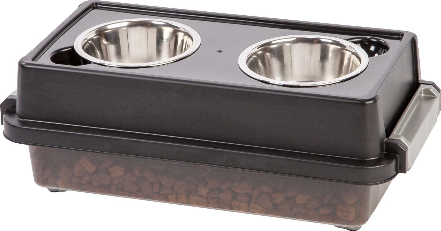 IRIS USA 2-in-1 Elevated Dog Bowls 6&#x22; H with Airtight Pet Food Storage Container 5 Lbs, 16 oz Stainless Steel Bowls, Smoke/Black