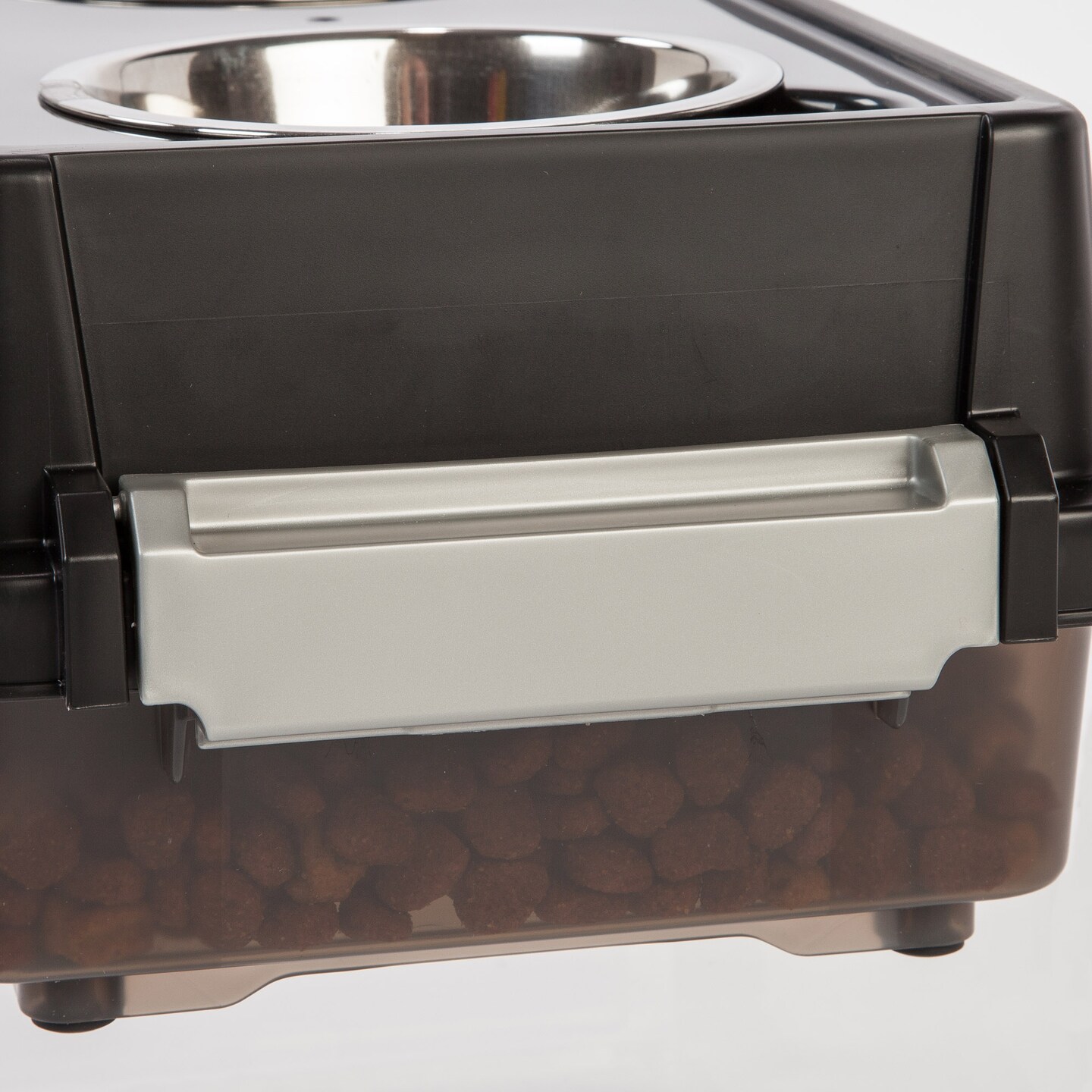 IRIS USA 2-in-1 Elevated Dog Bowls 6&#x22; H with Airtight Pet Food Storage Container 5 Lbs, 16 oz Stainless Steel Bowls, Smoke/Black