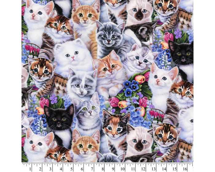 Garden Kittens Cotton Fabric | By the Yard | Sewing and Crafting | 44 inches wide