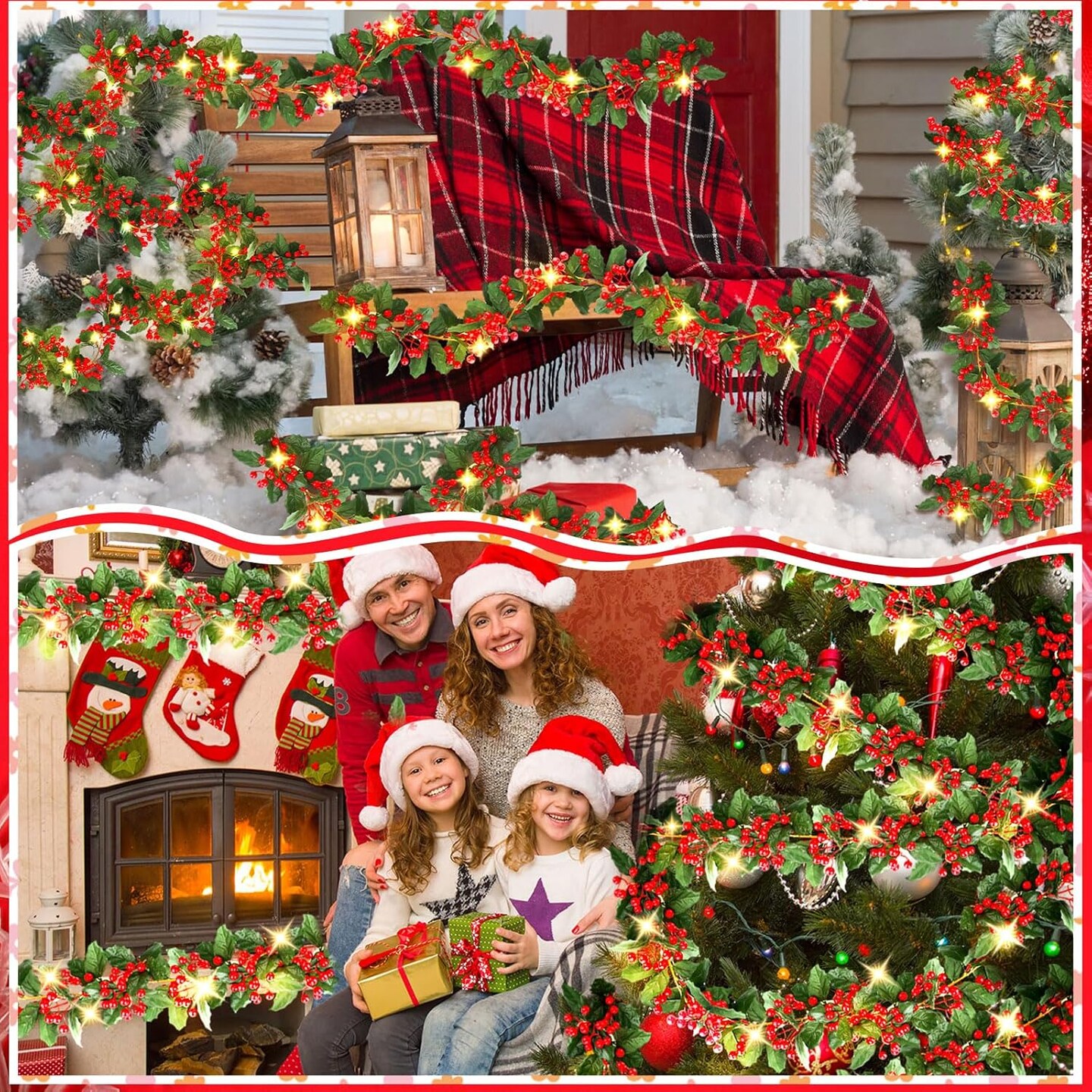 18 ft 3 Pcs Lighted Christmas Garland with Red Berry