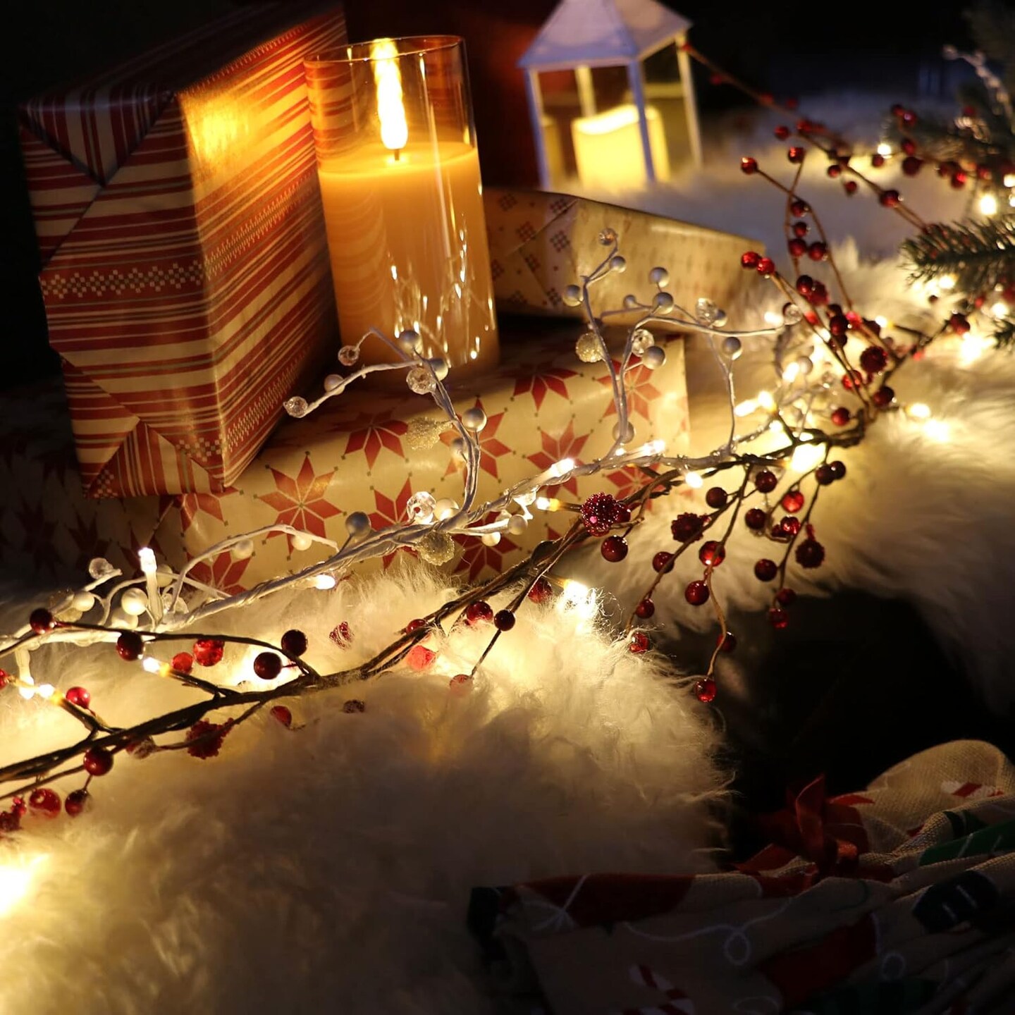 5.9FT - Red Berry Branch Pre-lit Garland with 30LED Lights, Battery Operated Fairy String Lights