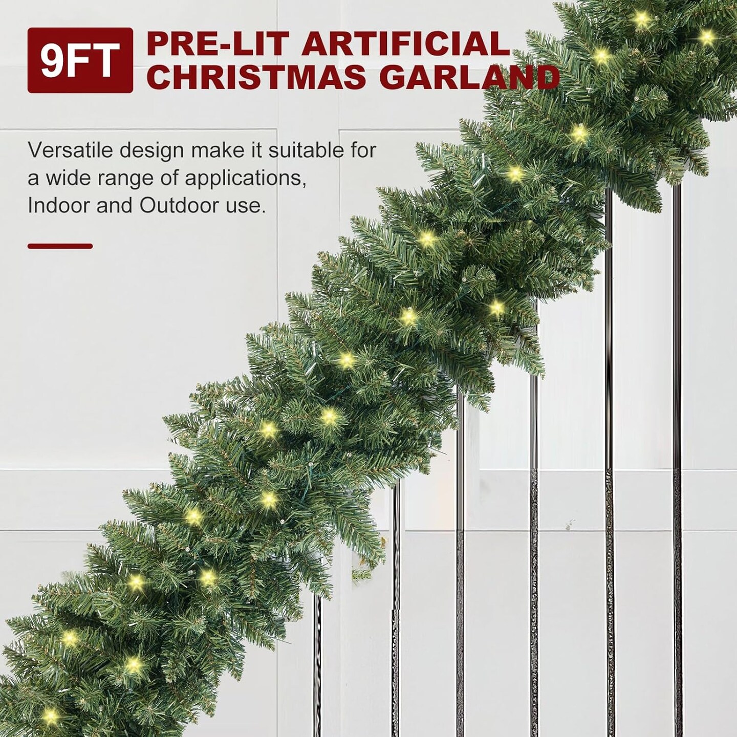 9 FT Pre-lit Christmas Garland Holiday Artificial 50 Led Light