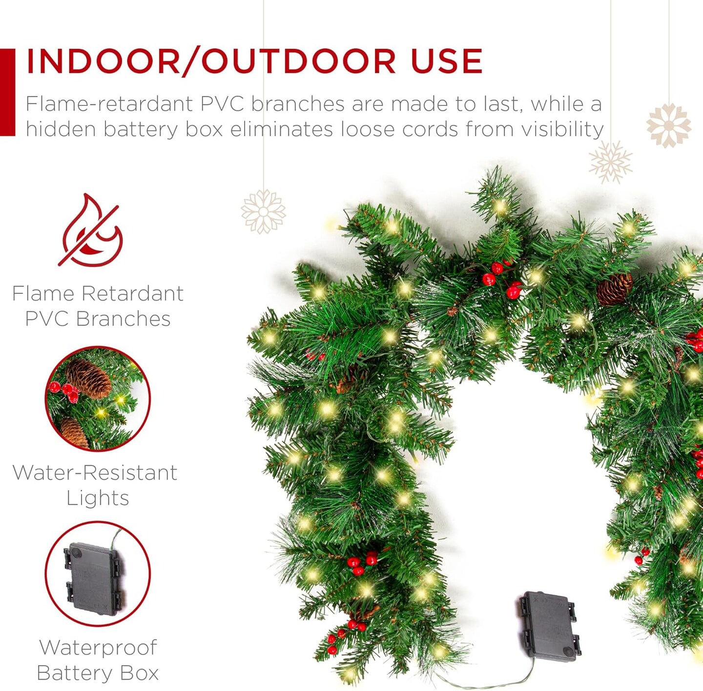 9ft Pre-Lit Holiday Pre-Decorated Christmas Garland for Stairs,50 Lights, Pine Cones, Berries