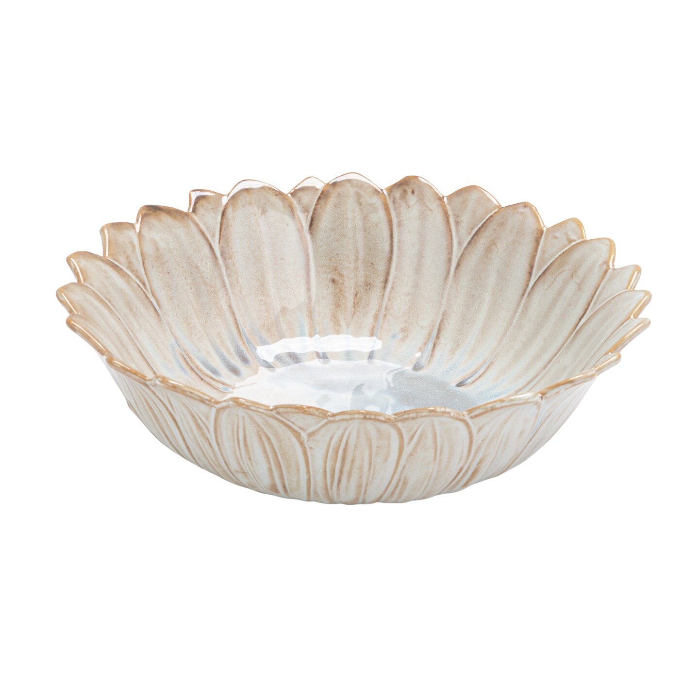 Hello Honey Flower Shaped Stoneware Bowl in Reactive Glaze, White and Blue