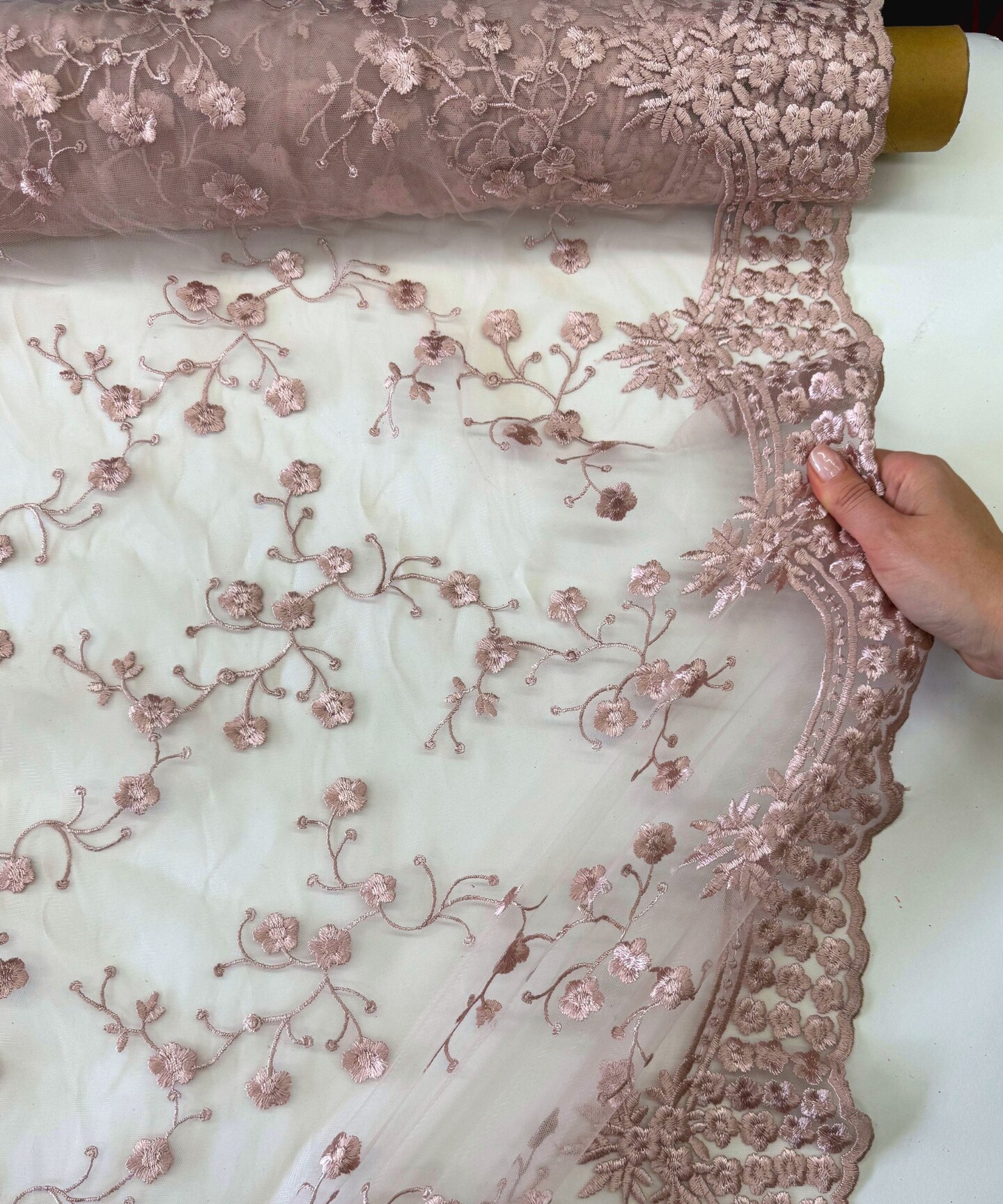 Blush Pink Sequin Embroidered Lace Fabric by the Yard, 54" Wide Floral Mesh Lace with Double Scalloped Edges