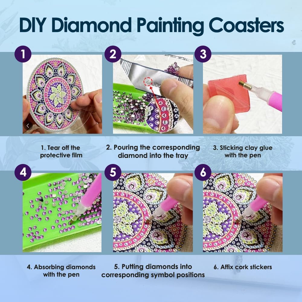 Diamond Art Coasters kit, 6 Pieces with Metal Holder, 4 Inch Round Multicolor Floral Design, Set of 6, Cup Mats for Home Decoration, Winter Gifts, Non-Slip