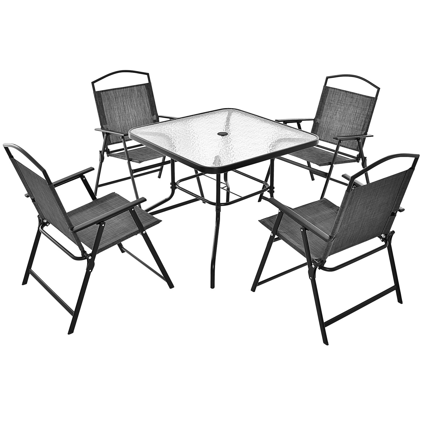 4 piece metal and glass umbrella patio set Flash Furniture Tory Commercial Grade Table with Tempered Top with Hole Steel Tube Frame, Clear Top/Silver Frame or for your home or business 6-Piece Outdoor Steel Frame Dining