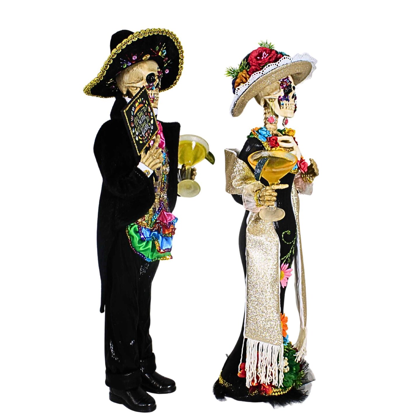 Karen Didion 24.0 Inch Mr. And Mrs. Fiesta Halloween Figurine Set , Bling Multi Seasonal Decor Halloween Dias De Muertos
