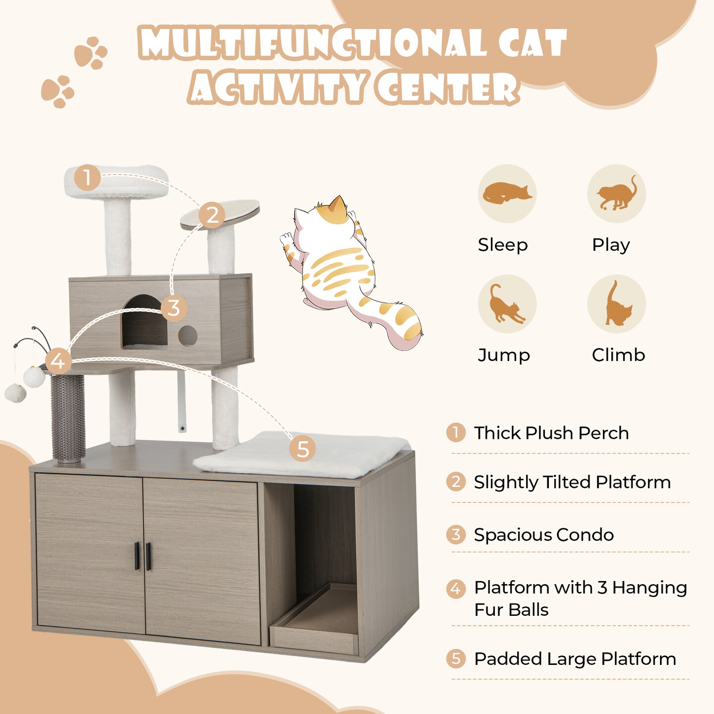 Grey Indoor Cat Tower with Litter Box Enclosure, 2-in-1 Modern Design