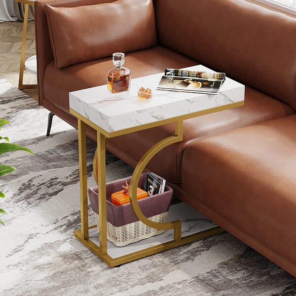 Modern C Shape End Table Faux Marble Side Table Gold Metal Frame
