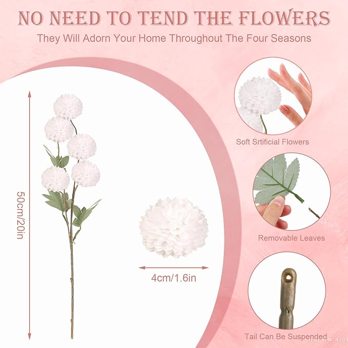 Artificial Flowers 12pcs Ball Chrysanthemums for Weddings Silk with Stemsdiy Champagne Bouquets Indoor and Outdoor Decoration Kitchen Table Decor (White)