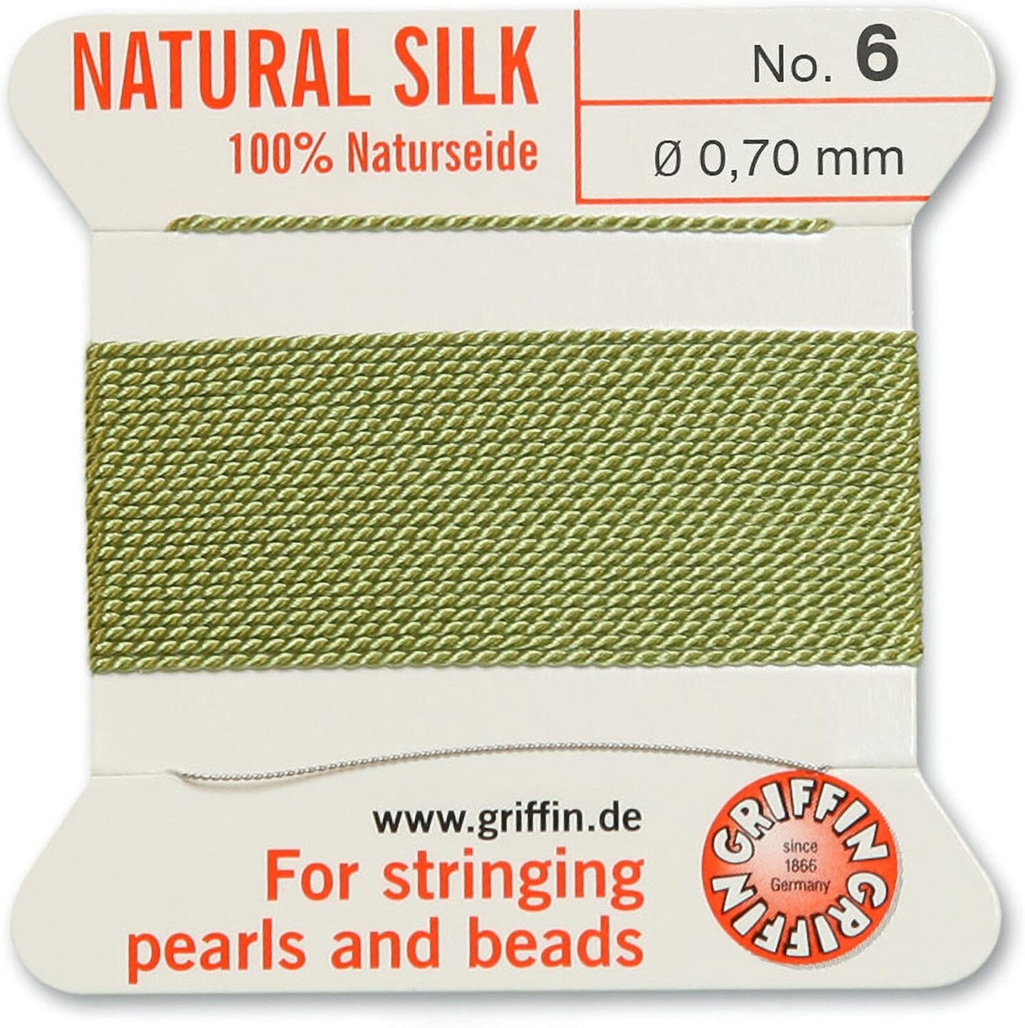 Griffin Silk Bead Cord Perlseide – Size 6 (0.70mm) – 2 Meters per Card – Stainless Steel Needle Attached – for Knotting Pearls, Gemstones, Crystals and Beads