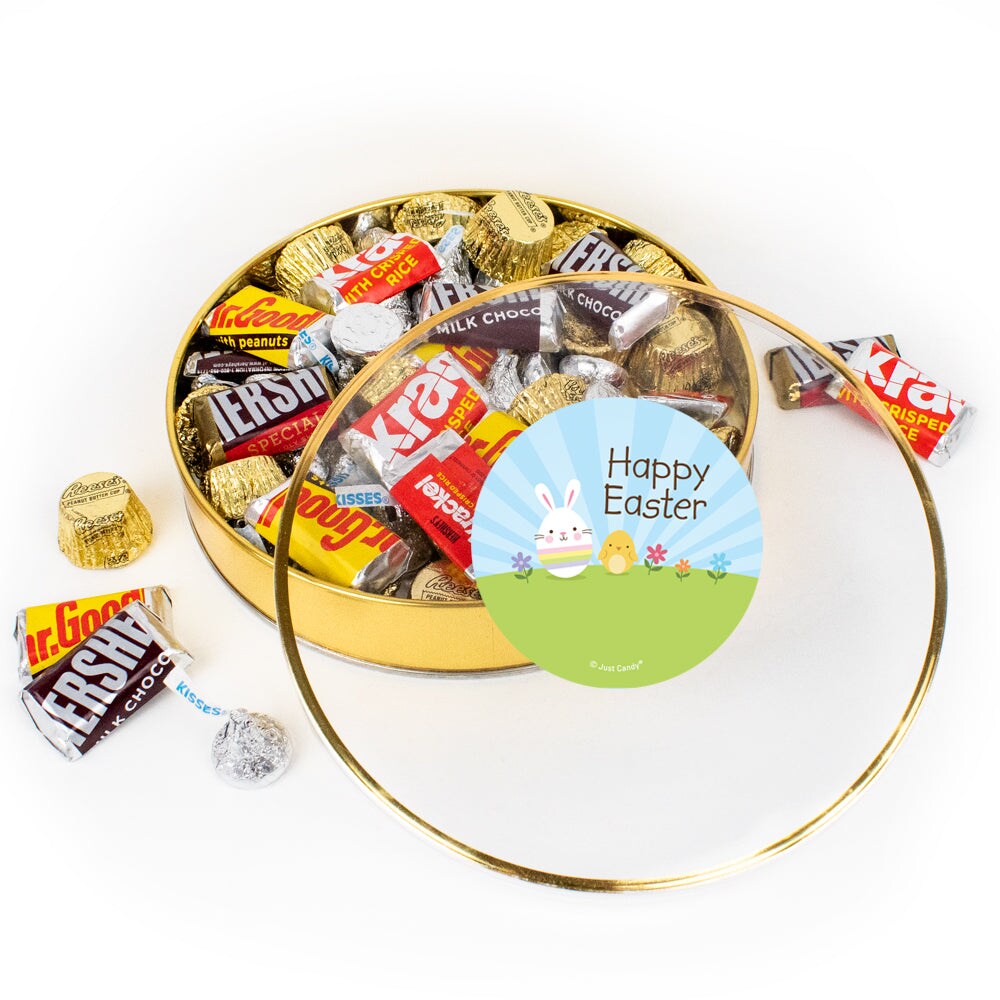 Easter Candy Gift Tin (Plastic Tin With Approx. 1lb Candy) Silver Chocolate Kisses, Assorted Wrapped Miniatures & Gold Mini Peanut Butter Cups - Bunny & Chick