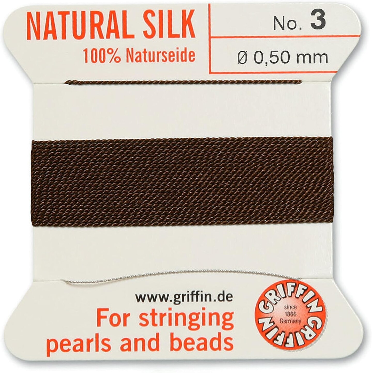 Griffin Silk Bead Cord Perlseide – Size 3 (0.50mm) – 2 Meters per Card – Stainless Steel Needle Attached – for Knotting Pearls, Gemstones, Crystals and Beads