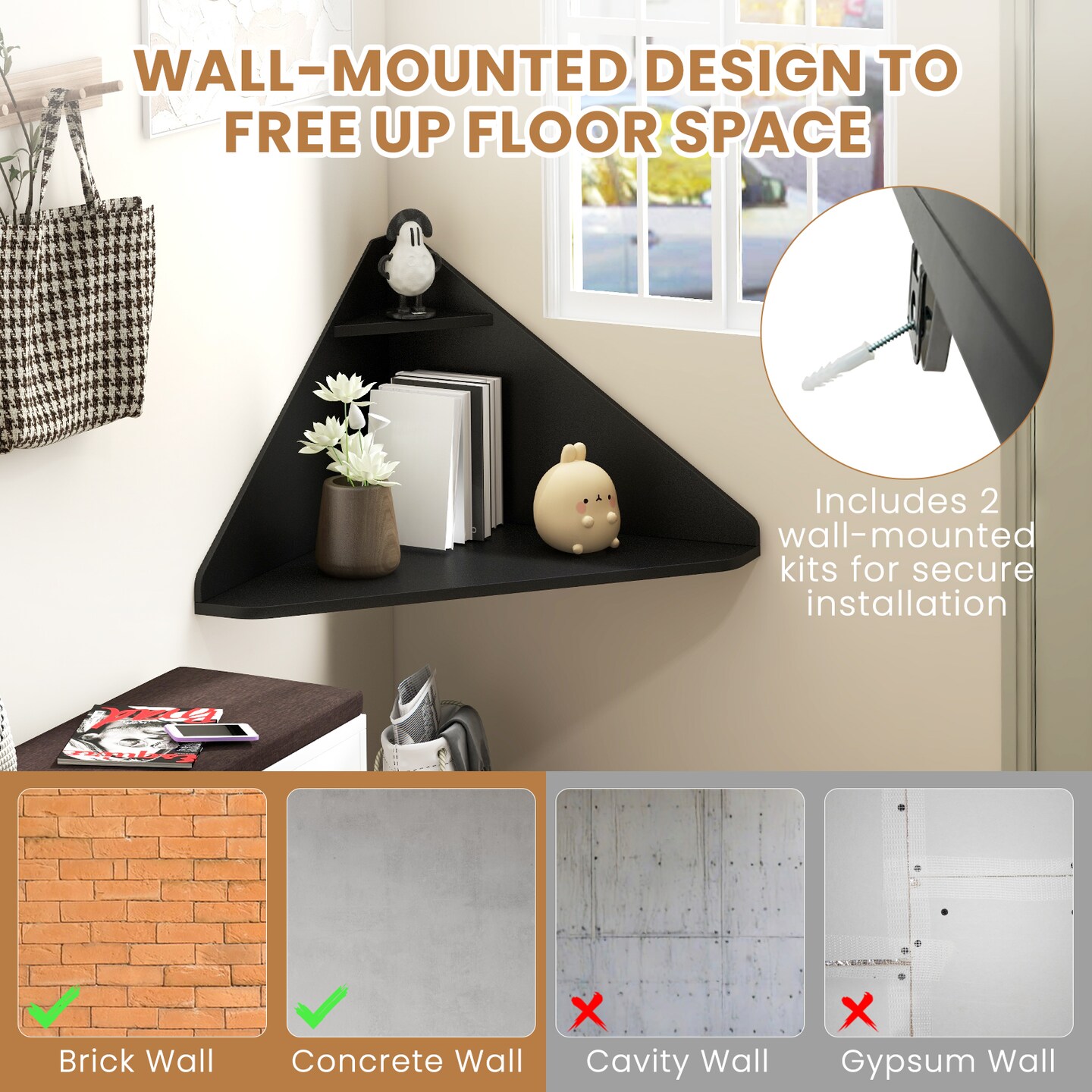 Floating Triangular Corner Computer Desk with Storage Shelf Wall-Mounted