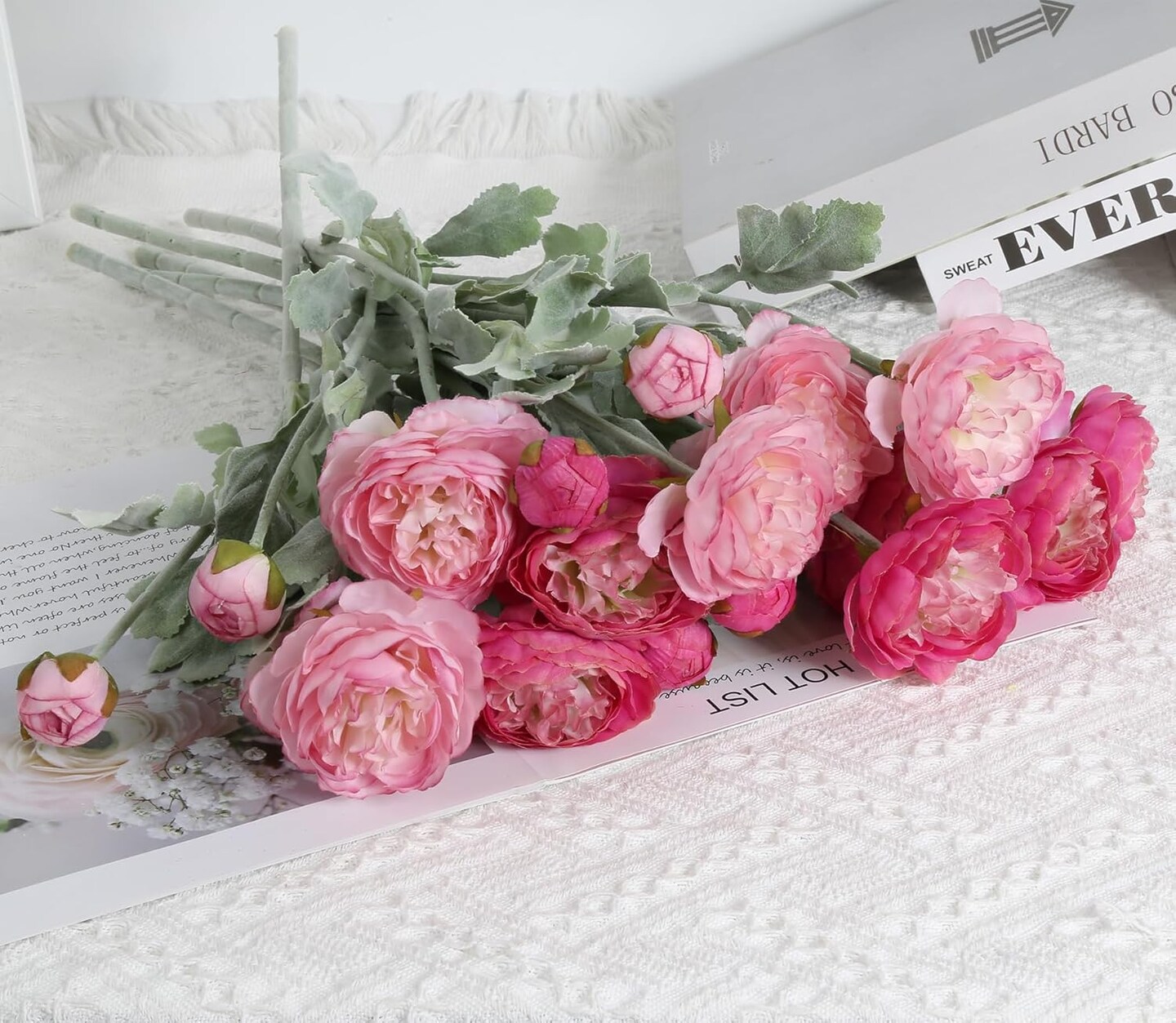 Spring Tabletop Decor – 6PCS Multi-Pink Silk Peonies & Ranunculus Artificial Flowers for Home, Wedding & Party Centerpieces