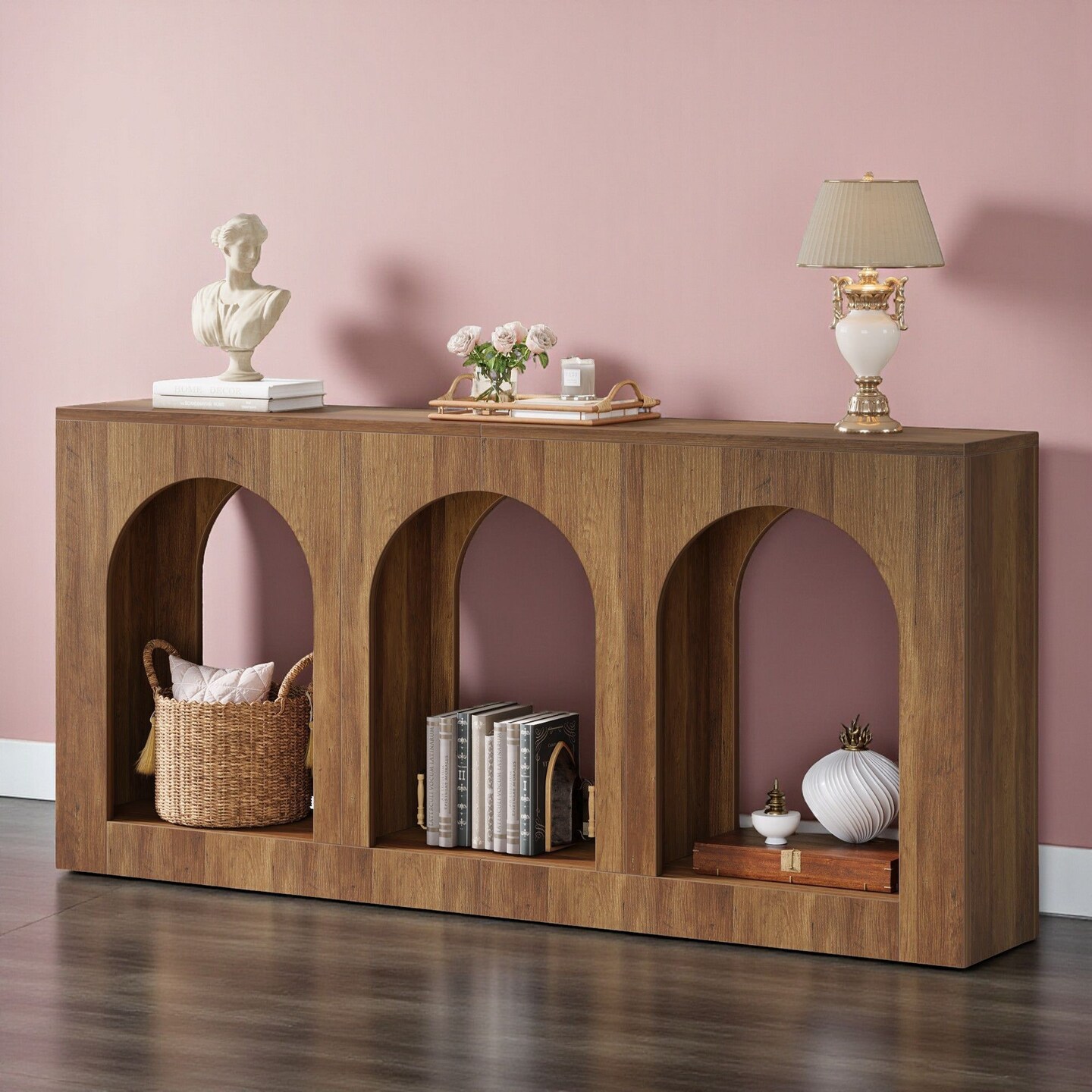 70.8" Arched Wood Sofa Table 3 Tier Entryway Console with Open Shelves