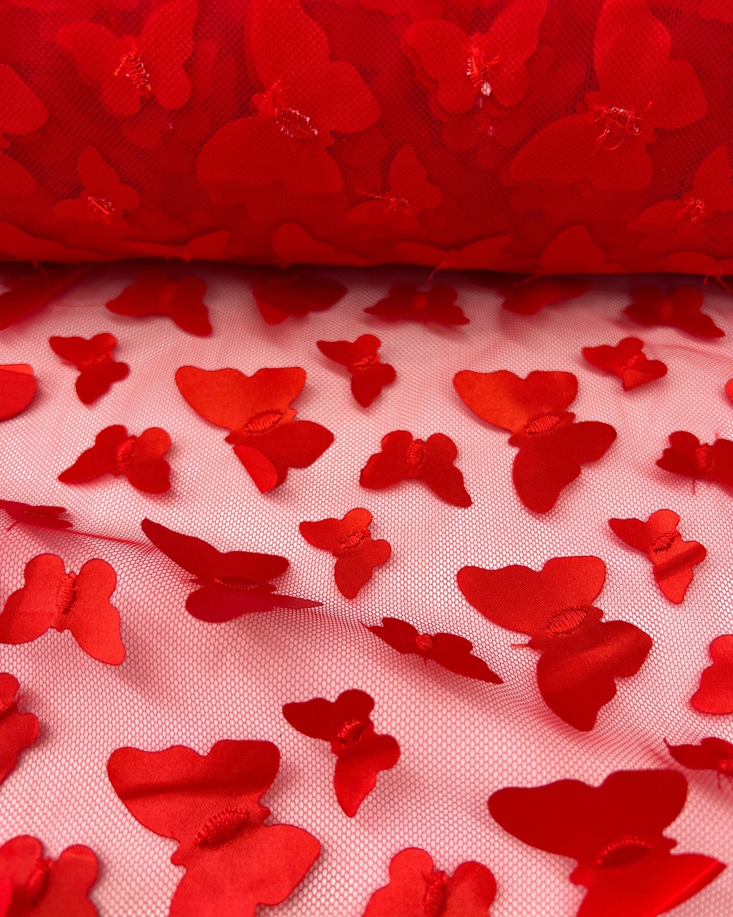 Red 3D Butterfly Nylon Tulle Fabric by the Yard, 63" Wide Soft Stretch Mesh Fabric for Veils, Wedding Dresses, Decor & Sewing