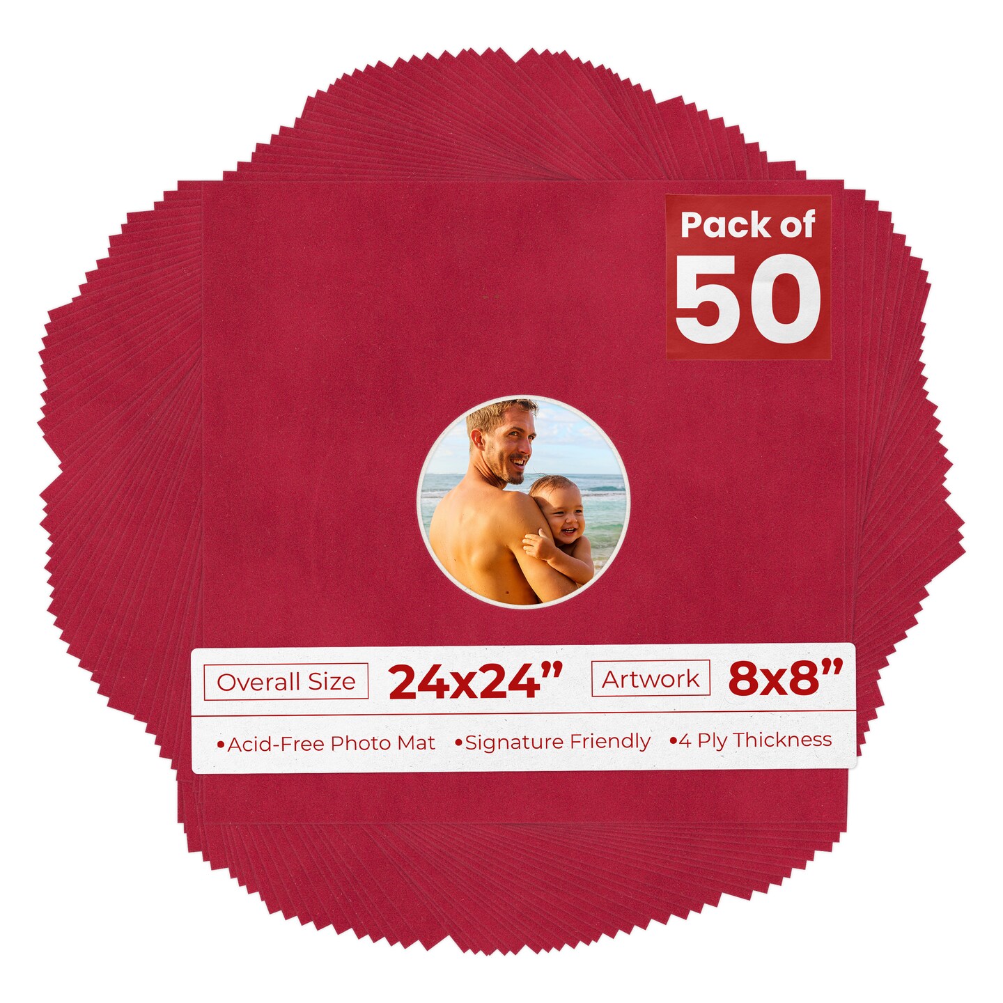 Red Suede Mat Board for 24x24 Frames - Circle Opening for 8x8 Photos