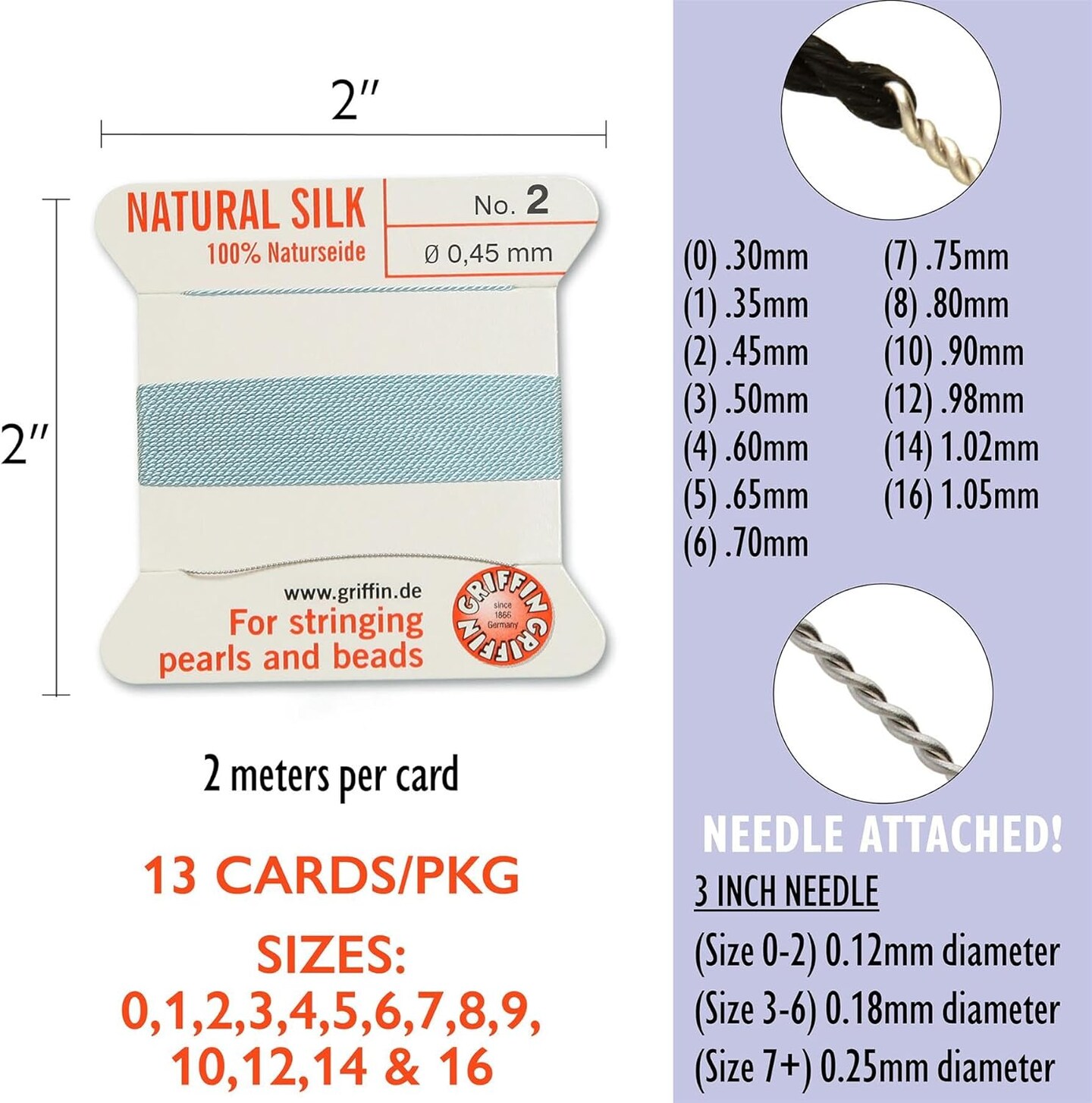 Griffin Silk Bead Cord Perlseide – Size Assortment 0-16 – 2 Meters per Card – Stainless Steel Needle Attached – for Knotting Pearls, Gemstones, Crystals and Beads
