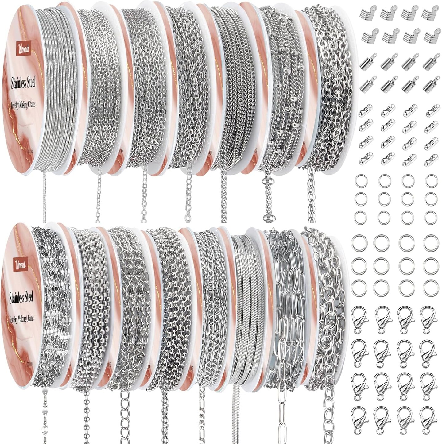 Necklace Chains for Jewelry Making, 118 Feet 15 Rolls Stainless Steel Jewelry Chains for DIY Necklace Bracelet Making with Stainless Steel Jump Rings/Lobster Clasps/Connectors