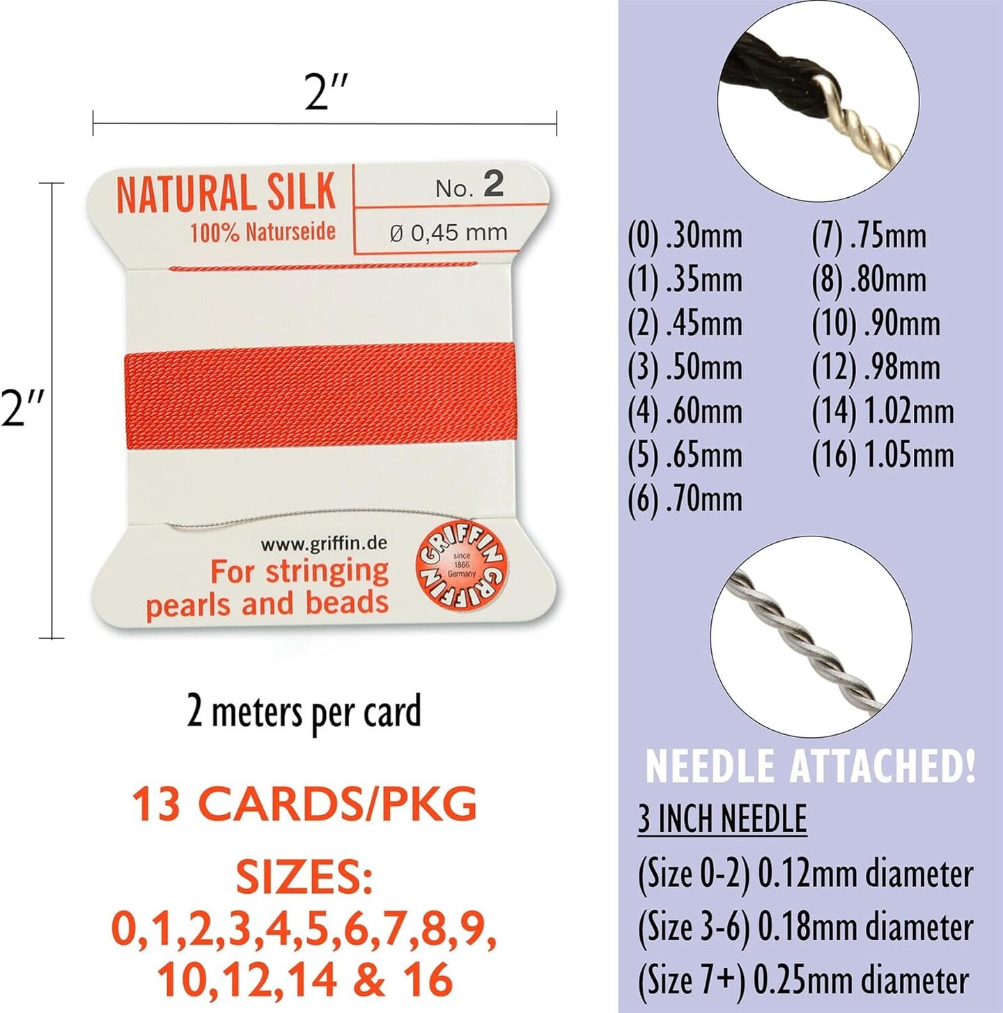 Griffin Silk Bead Cord Perlseide – Size Assortment 0-16 – 2 Meters per Card – Stainless Steel Needle Attached – for Knotting Pearls, Gemstones, Crystals and Beads