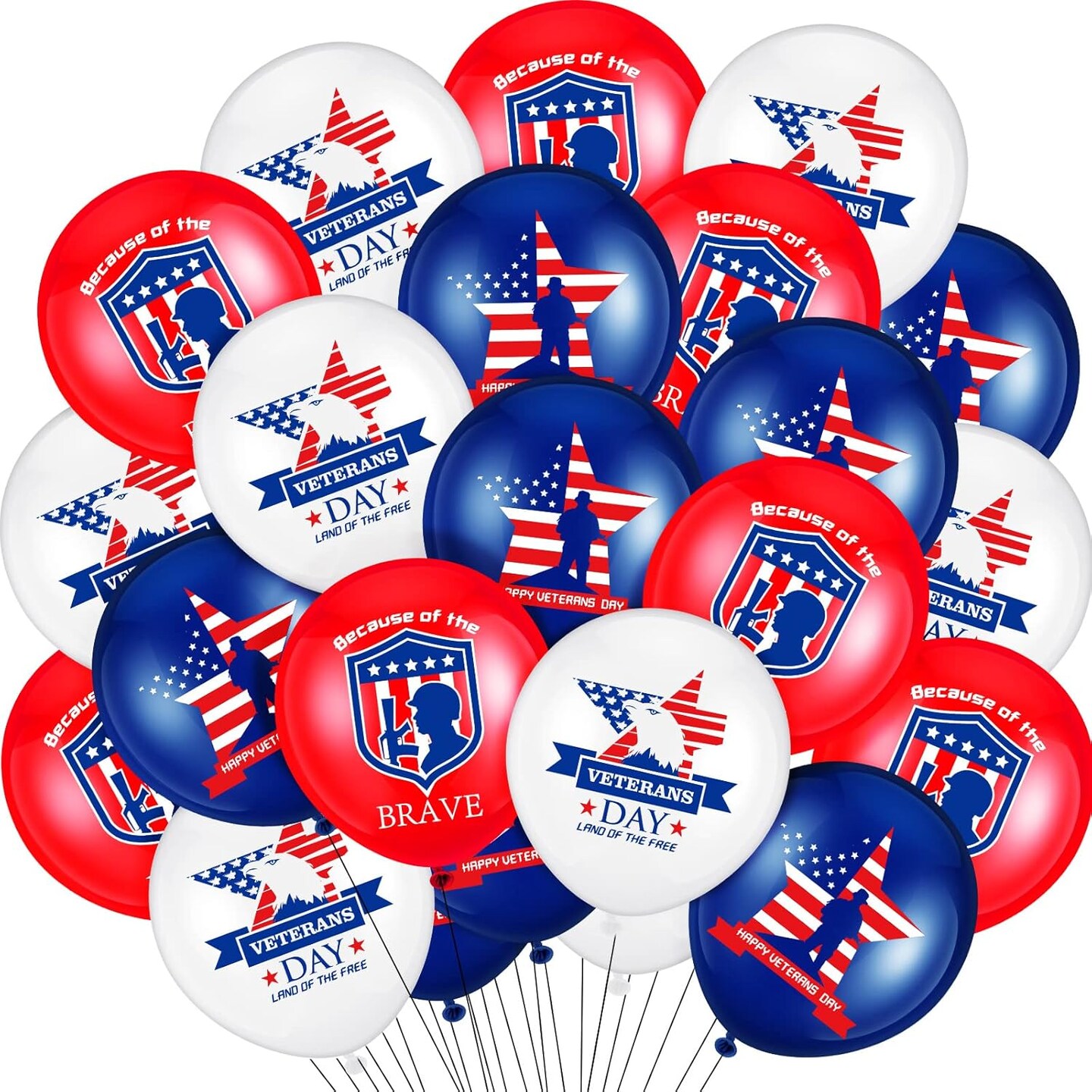 Latex Balloons 60PCS Red, White & Blue Veterans Balloons – American Flag & “Happy Day” Printed Party Supplies for Memorial Day, Patriotic Celebrations & USA Parties