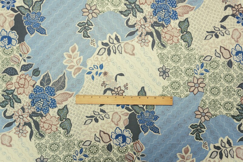 Blue-Ivory-Multi Cotton Floral Printed Lawn Woven Fabric By the Yard