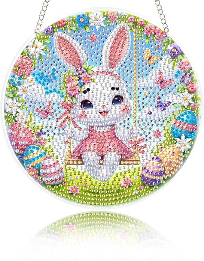Glass Diamond Art Kit Hanging Ornament, DIY Stained Glass Diamonds Painting Hanging Board Kit, Crystal Diamond Art Painting Easter Pendant Full Drill (Swing Bunny)