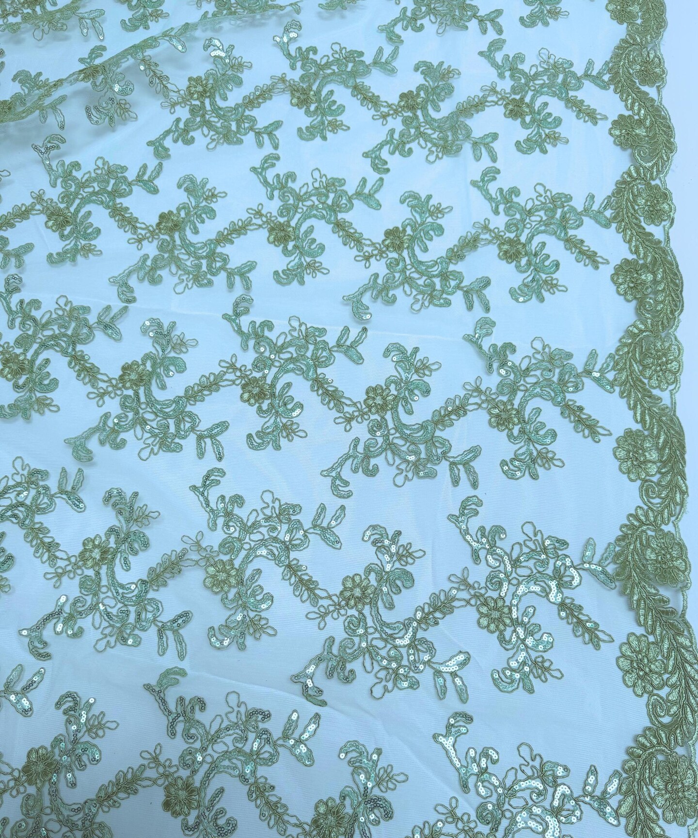 Sage Sequin Embroidered Lace Fabric by the Yard, 54" Wide Floral Mesh Lace with Double Scalloped Edges