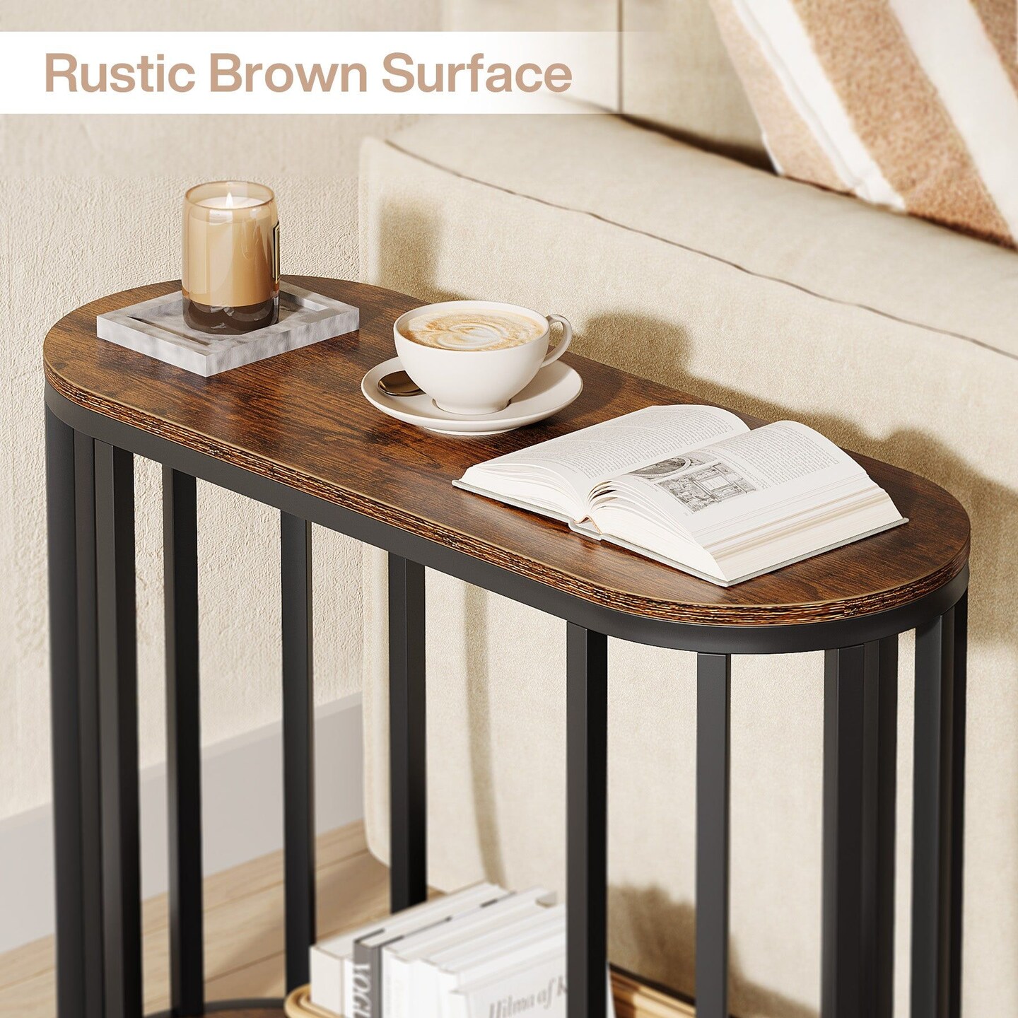 Brown-Black Engineered Wood and Metal Semi-Circular Side Table with Shelf