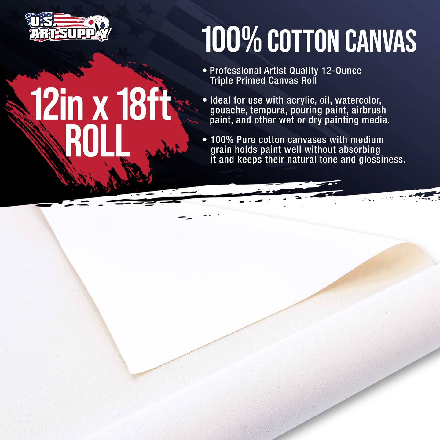 U.S. Art Supply 12-Ounce Triple Primed Gesso 12" Wide x 18' Long (6 Yards), 100% Cotton, Acid-Free - Unstretched Canvas Rolls for Painting, Oil & Acrylic, Murals - Cut To Frame Size