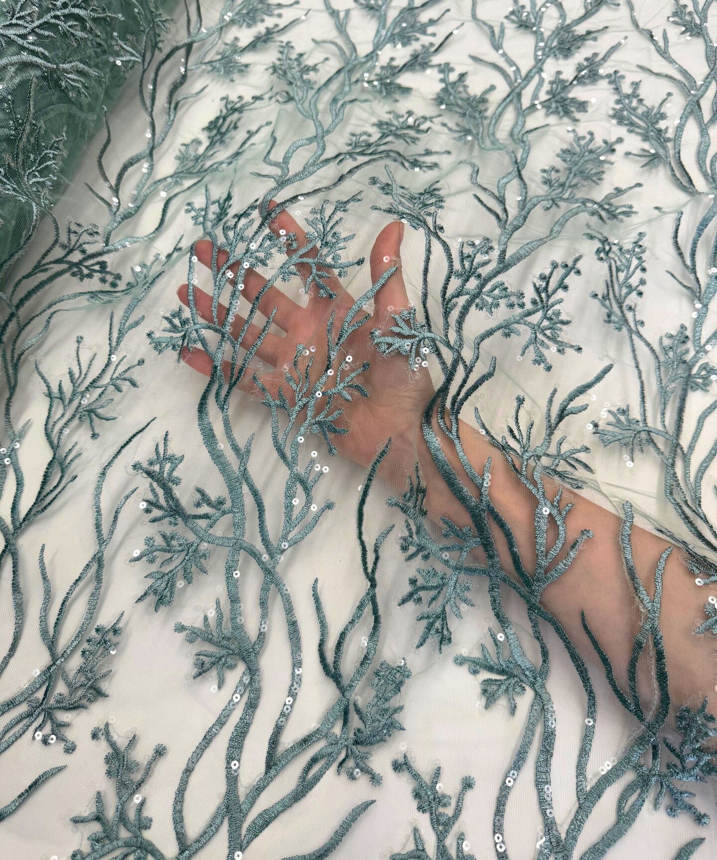 Mint Sequin Embroidered Lace Fabric by the Yard, 54" Wide Floral Mesh Lace with Double Scalloped Edges